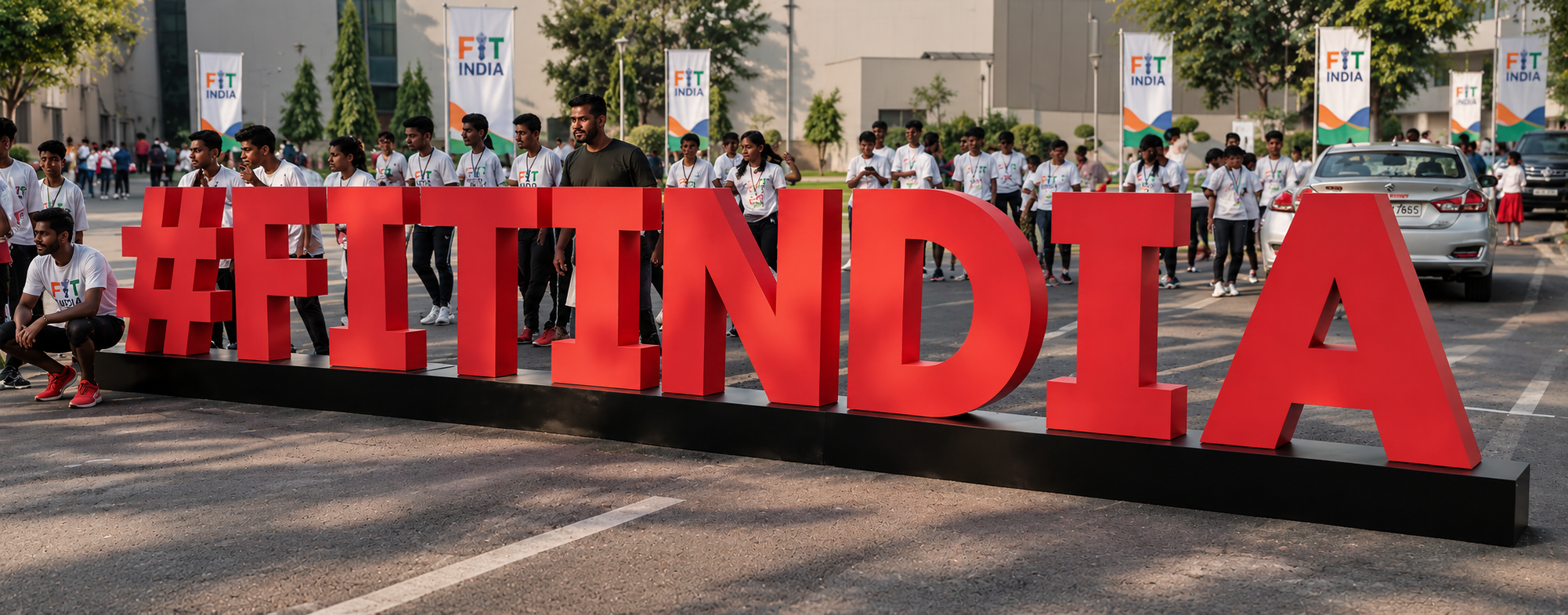 Fit India Movement participants with the #FITINDIA sign